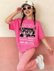 Kaos oblong kasual berwarna merah mawar ini dirancang khusus untuk anak-anak yang lebih besar. Kaos ini menampilkan pola cetak huruf kartun yang kreatif, sangat cocok untuk dikenakan oleh anak perempuan dan anak-anak yang lebih besar. - Hot Pink - View 2