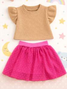 Girls' Outfit Set: Tulle Shorts Skirt With Ruffle And Cropped Top With Ruffled Frills, Pleated, Spring And Summer CJI043 - Pink and Nude - View 3