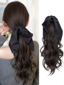 新款丝带波点蝴蝶结爪夹卷发马尾辫，韩式长卷发马尾辫假发 - 彩色 - 查看 9