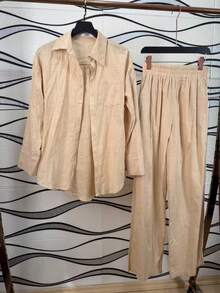 Linen Shirt And Pants Set (2 Pieces), Lined With Elastic. - Apricot - View 3