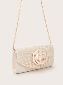 Champagne Satin Pleated Clutch With Satin Rose Applique - Apricot - View 5