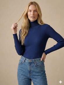Cacharrel Women's Ribbed Blouse High Neck Long Sleeve Second Skin Simple Casual Fashion - Màu xanh hải quân - Xem 9