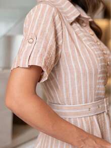 Rubia Maxi Midi Modesto Striped Shirt Dress – 100% Polyester Santorini, Functional Front Buttons And Belt - Rust Brown - View 3