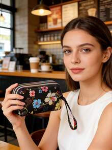 1个新款盛开花朵吉祥妈妈钱包，可装现金、手机、口红、硬币（花朵图案随机）女士钱包手拿包车钥匙可爱复古钱包 - 黑色 - 查看 4