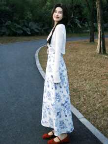 女士印花吊带连衣裙和长袖上衣优雅派对装扮 - 混合色 - 查看 2