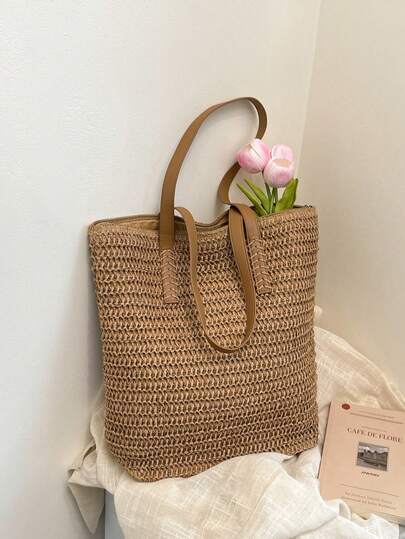 Dedoo Simple And Casual Vacation Style Straw Tote Bag For Spring And Summer, Suitable For Beach Vacations, Weekend Outings, Daily Commuting, As A Single-Shoulder Or Underarm Woven Bag
