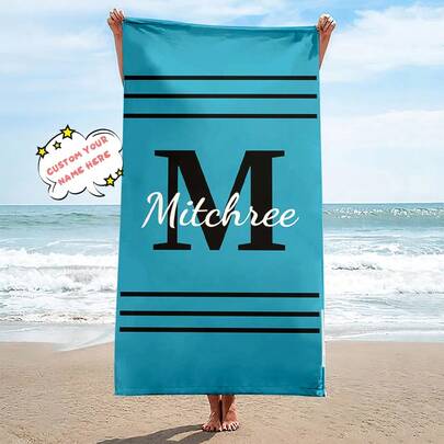 Toalla de playa de fibra ultrafina personalizable, con rayas y estampado de letras, de secado rápido, anti-arena, super suave y muy absorbente - disponible en múltiples colores, adecuada para natación, temas creativos, regalo ideal para amigos y familiares, especialmente adecuada para el Día de la Madre. Multifuncional, anti-moho, con estilo, reutilizable, regalo ideal para hombres, mujeres, novios, padres, novias, madres, familia y amigos