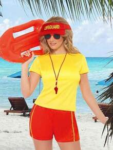 Bộ trang phục cứu hộ gồm 1 món: phao hơi, còi, kính bảo hộ và mũ điều chỉnh được; trang phục hóa trang cứu hộ dành cho người lớn, phù hợp cho cả nam và nữ, tuyệt vời cho hồ bơi, lễ hội Halloween, tiệc hóa trang, bãi biển và nhiều dịp khác. - Đỏ - Xem 3