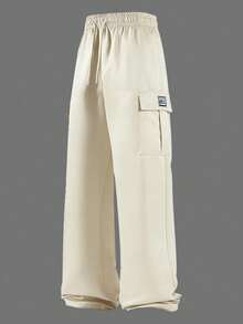 Men's Fashion Cargo Pants, Straight Leg, Elastic Waist, Multi-Pocket, Loose Fit, Solid Color, Side Embroidered Logo Long Pants - Beige - View 4