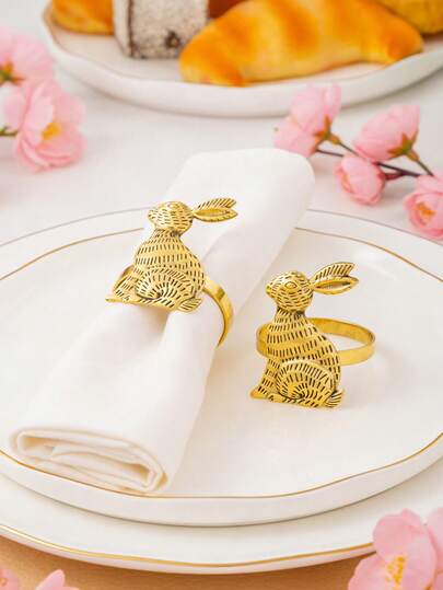 4-12 ชิ้น ชุดแหวนผ้าเช็ดปากรูปกระต่ายอีสเตอร์, ที่ยึดผ้าเช็ดปากรูปกระต่ายโลหะ เหมาะสำหรับงานเลี้ยงอีสเตอร์, อาหารค่ำ, งานแต่งงาน, ของตกแต่งงานเฉลิมฉลอง