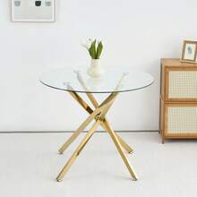 Round Dining Table With Tempered Glass Top And Gold Legs, Coffee Table, Modern And Minimalist Dining Table, 80 * 80 * 76 Cm - Gold + Glass + Metal - View 5
