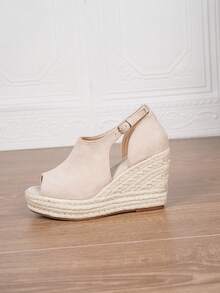 Women's Wedge & Platform Slip-On Espadrille Shoes, Black Round Toe Vacation Beach Woven Strap Sandals, Vacation Rope Sole Elastic Band Paired With Women's Shoes - Apricot - View 5