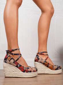 Women's Wedge & Platform Slip-On Espadrille Shoes, Black Round Toe Vacation Beach Woven Strap Sandals, Vacation Rope Bottom Elastic Band Paired With Women's Shoes - Multicolor - View 9