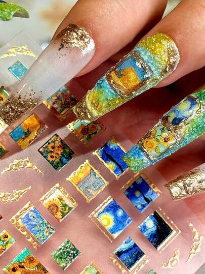 New World Famous Painting Embossed Nail Art Stickers, Retro Ink Painting Adhesive Small Size Soft Embossed Stickers