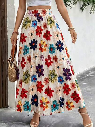Women's Elegant Floral Digital Random Print Mid-Length Skirt, Vibrant Floral Design With Elastic Waistband, Suitable For Spring, Summer, Autumn, Versatile For All Ages And Body Types, Suitable For Commuting, Casual, Dating, Party, Beach