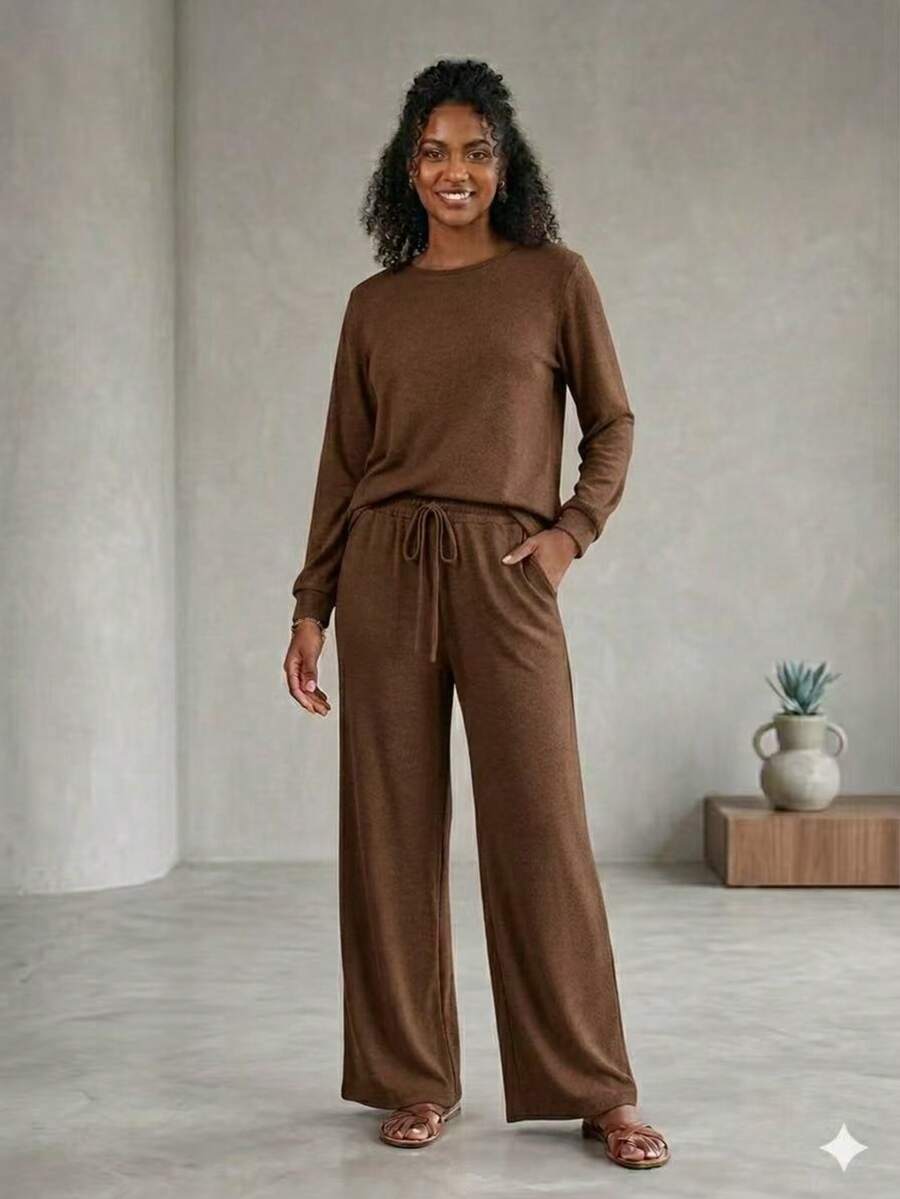 Basic Women's Lanzinha Pants And Blouse Set - Caqui - Ver 1