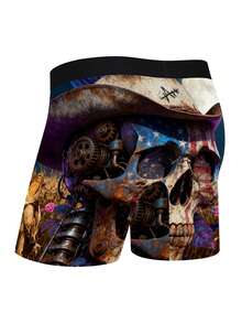 1pc Cyberpunk Mechanical Skull Print Boxer Briefs, Stretchy Soft Fabric, Funny Gift Trunks, Personalized Men's Underwear - Black - View 3