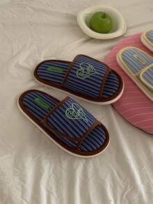 XIXITIAO Cute Style Adjustable Hook And Loop Home Slippers With Heart Pattern & Striped Design, Comfortable Soft-Soled, Stylish & Versatile - Dark Blue - View 7