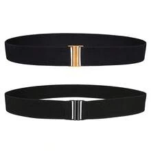 1条女士简约弹力腰带，金色搭扣黑色弹力腰带，适合搭配连衣裙、衬衫和外套，优雅日常穿着 - A - 查看 12