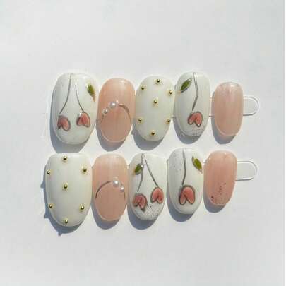 10片手工短椭圆美甲贴纸，粉色调，Y2K风格，精致可爱简约设计，手绘粉色郁金香圆点扎染猫眼透明仙女清新少女美甲贴纸，适合女性和女孩，春夏假期、情人节及日常佩戴，手工按压式美甲贴片