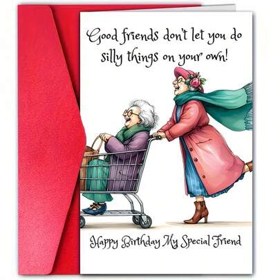 1 Thiệp chúc mừng sinh nhật hài hước "Rất vui vì chúng ta gặp nhau muộn" kèm phong bì đỏ, hình minh họa hai cụ bà đang cười, tấm thiệp sinh nhật hoàn hảo dành cho bạn thân.