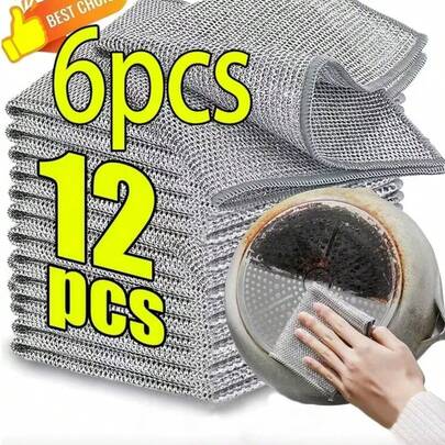 12/6片装钢丝球清洁垫，网状清洁布，多用途厨房清洁抹布，不刮伤锅具清洁刷，可重复使用耐用擦拭布，适用于餐具、锅具、水槽、炉灶，高效成人日常家居清洁工具