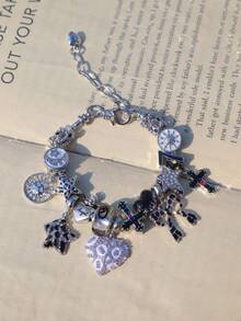 1pc Gothic Leopard Print Cross Charm Bracelet, Black Swirl Cross Bracelet, Leopard Bow Heart Bracelet, Star Girl Bracelet, Ramadan Crescent Moon Bracelet - Silver - View 6