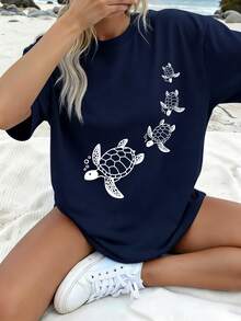 Teen Girl Turtle Print T-Shirt, Soft And Comfortable Fabric, Suitable For Girls To Wear For Travel, Vacation, Outdoor Sports, Daily Wear, Casual Travel, Best Choice! Fashionable And Girls' Casual Top For Spring And Summer - Navy Blue - View 1