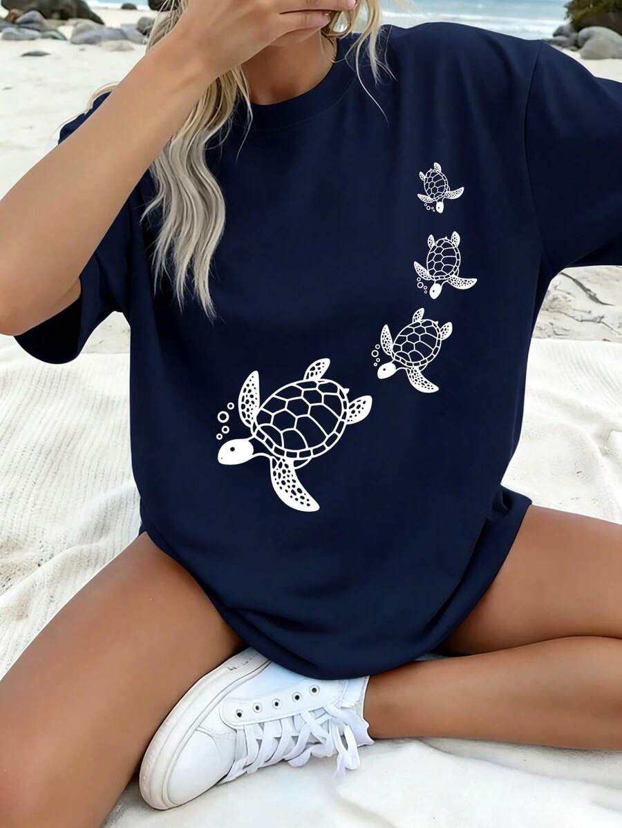 Teen Girl Turtle Print T-Shirt, Soft And Comfortable Fabric, Suitable For Girls To Wear For Travel, Vacation, Outdoor Sports, Daily Wear, Casual Travel, Best Choice! Fashionable And Girls' Casual Top For Spring And Summer - Navy Blue - View 1