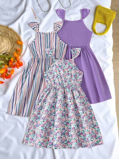 3pcs/Set Young Girls Floral Striped & Solid Color Sleeveless Casual Dress Outfit
