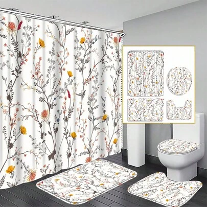 4pcs Colorful Floral & Green Branch Shower Curtain Set, Modern Fabric Shower Curtain Bathroom Decor Waterproof, Comes With 12 Hooks As Gift For Mom