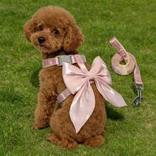 可爱闪亮粉色大蝴蝶结宠物胸背带，尺寸可调节，猫狗散步胸带套装 - 粉色 - 查看 5