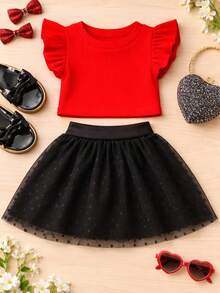 Girls' Outfit Set: Tulle Shorts Skirt With Ruffle And Cropped Top With Ruffled Frills, Pleated, Spring And Summer CJI043 - Black and Red - View 1