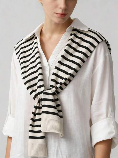 1pc Women's New Colorblock Striped Fashion Shawl, Minimalist Navy Style Casual Versatile Vest Scarf, Suitable For Air-Conditioned Rooms, Layering With Fake Collar, Commuting, Outings, Dining & Dates