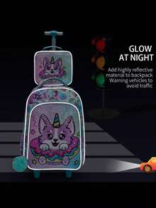 BLING BABIES Set de 3 piezas Mochila con ruedas para niños, diseño de perrito con lentejuelas de dibujos animados con lonchera y estuche de lápices - Verde, adecuado para el transporte diario - Verde - Ver 9