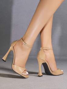 Jin Bei Qi 女士方头纯色踝带露趾户外派对细高跟凉鞋，优雅时尚，适合派对和宴会，浪漫杏色高跟鞋 - 杏色 - 查看 5