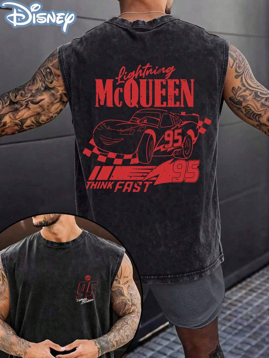 Disney Official Licensed Cars Lightning McQueen "Think Fast" Vintage Washed 230g Oversized Tank Top Unisex - màu đen - Xem 1