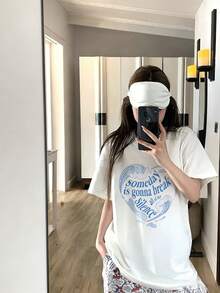 Camiseta de manga corta de verano para mujer, de cuello redondo, holgada y casual, con estampado de letras, olas y corazones - Blanco - Ver 2