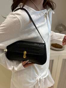 Niche Baguette Bag, Women's Underarm Bag, Crocodile Embossed, Korean Minimalist Versatile Shoulder Bag - Black - View 3