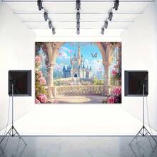 Un telón de fondo decorativo de castillo de princesa de hadas con purpurina rosa y dorada con patrón de arcoíris, sin necesidad de electricidad, pancarta multiusos para fiestas adecuada para inauguración de casa, aniversario y varias ocasiones, disponible en múltiples estilos y tamaños - e - Ver 5