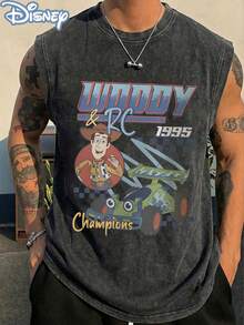 Disney Official Licensed Toy Story "Woody & RC 1995 Champions" Retro Racing Vintage Washed 230g Tank Top Unisex - 黑色 - 查看 1