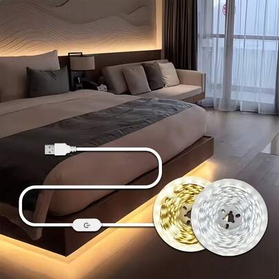 LED灯带提供暖光和白光两种版本。触摸开关控制灯带。适用于电视背光、镜前灯、室内装饰灯、照明灯具、橱柜灯、节日和派对氛围照明。