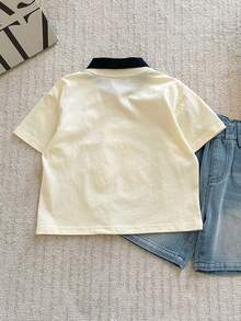 Young Boy New Arrival Boys' Polo Collar Short Sleeve T-Shirt, British Style 2 In 1 Top, Summer - Beige - View 3