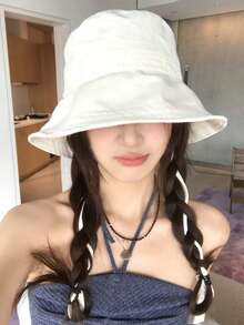 透气纯色渔夫帽，大帽檐防晒，可调节帽带，简约日式夏季女士遮阳帽 - A - 查看 5