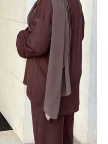 Elegant Plus Size Minimalist Ribbed 2-Piece Set, Suitable For Autumn/Winter Casual Wear, Featuring Round Neck And Batwing Sleeve Design. - Chocolate Brown - View 2