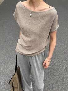 女士简约舒适短袖针织衫，宽松T恤，适合休闲、居家和通勤等多种场合，夏季百搭 - 卡其色 - 查看 4