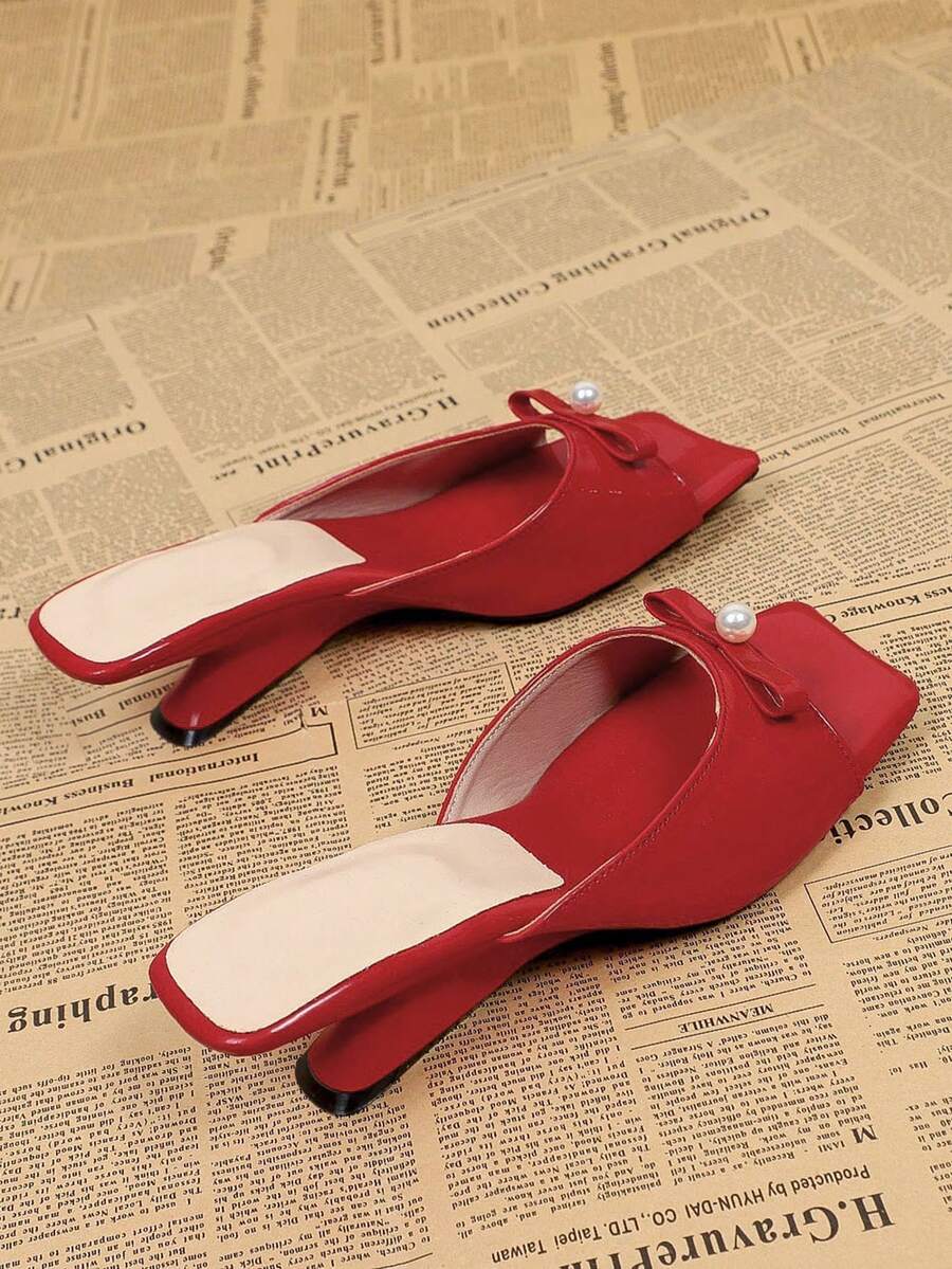 Giày sandal cao gót mũi vuông đính ngọc trai dành cho nữ, sandal hở gót kiểu dáng thường ngày cho mùa hè. - Đỏ - Xem 1