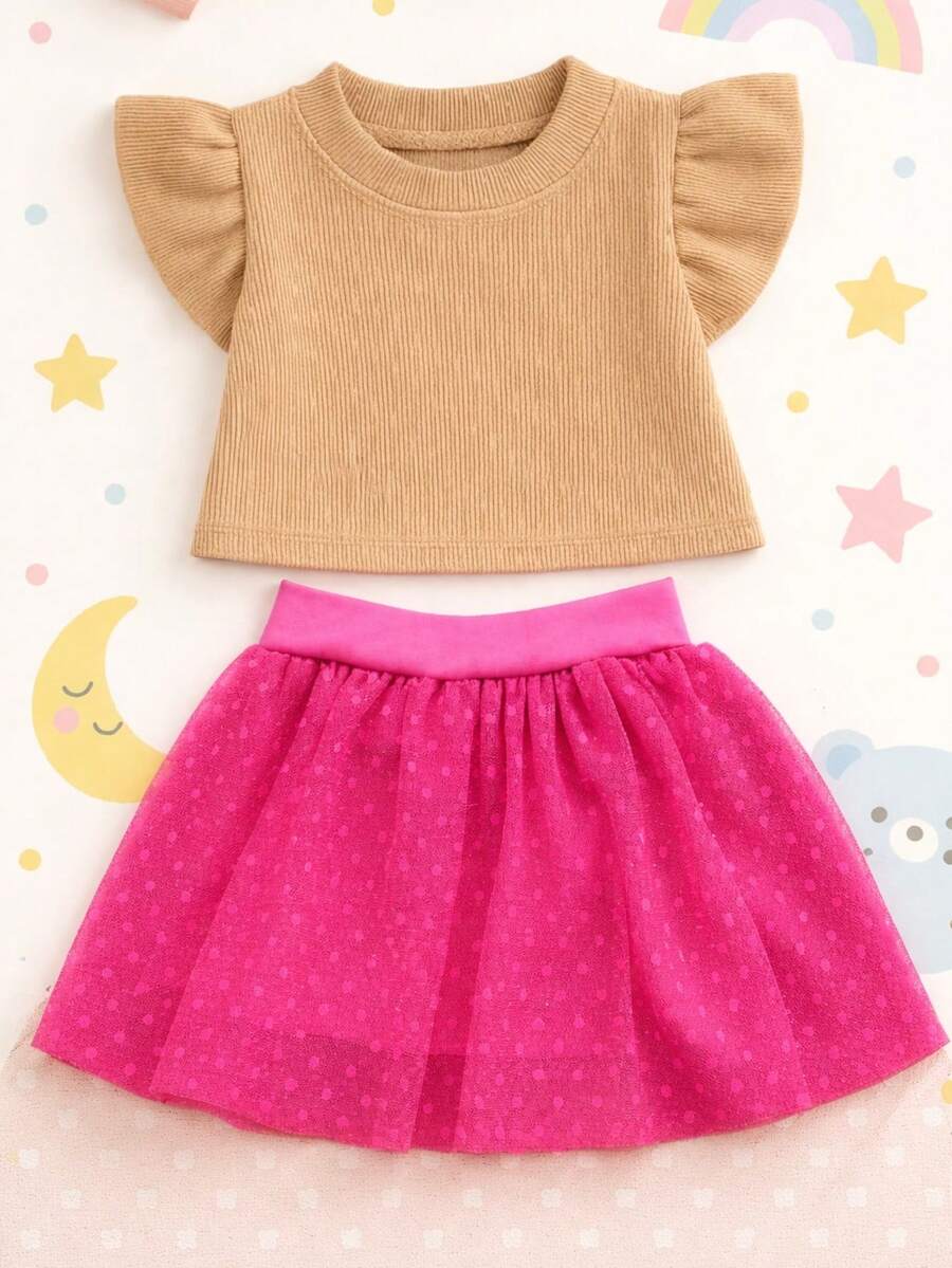 Girls' Outfit Set: Tulle Shorts Skirt With Ruffle And Cropped Top With Ruffled Frills, Pleated, Spring And Summer CJI043 - Pink and Nude - View 1