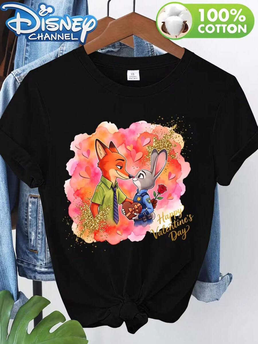 Officially Licensed Disney Spring/Summer New Arrival, Pure Cotton Short-Sleeved T-Shirt With "Zootopia 2" Fox And Rabbit Print. Women's Round Neck Pure Cotton T-Shirt, Versatile, Casual, And Comfortable. Available In Sizes XS-XXL. - màu đen - Xem 1