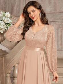 MIUSOL Elegant Floral Lace Deep V-Neck Lantern Sleeve Ruffle Hem Maxi Dress Party - Champagne - View 9